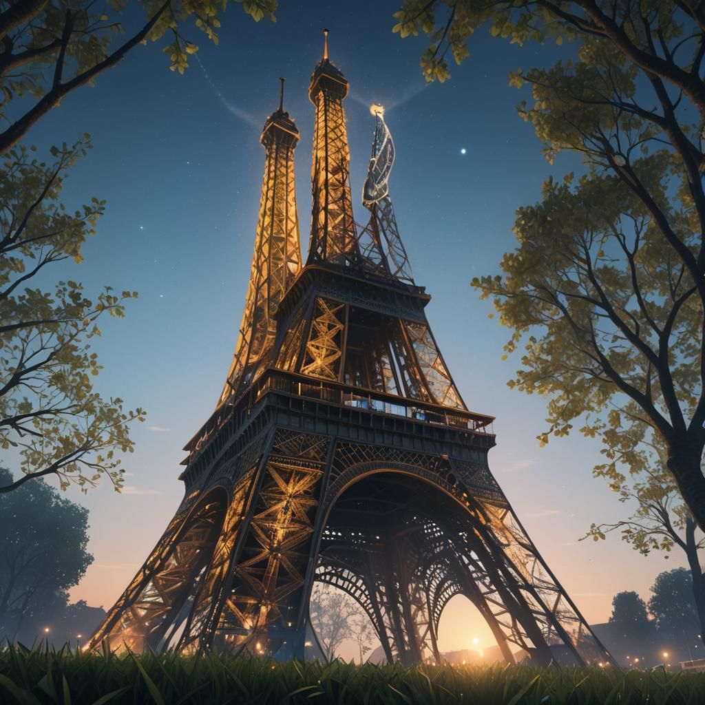 Eiffel Tower at Night in Stylized Realistic Art