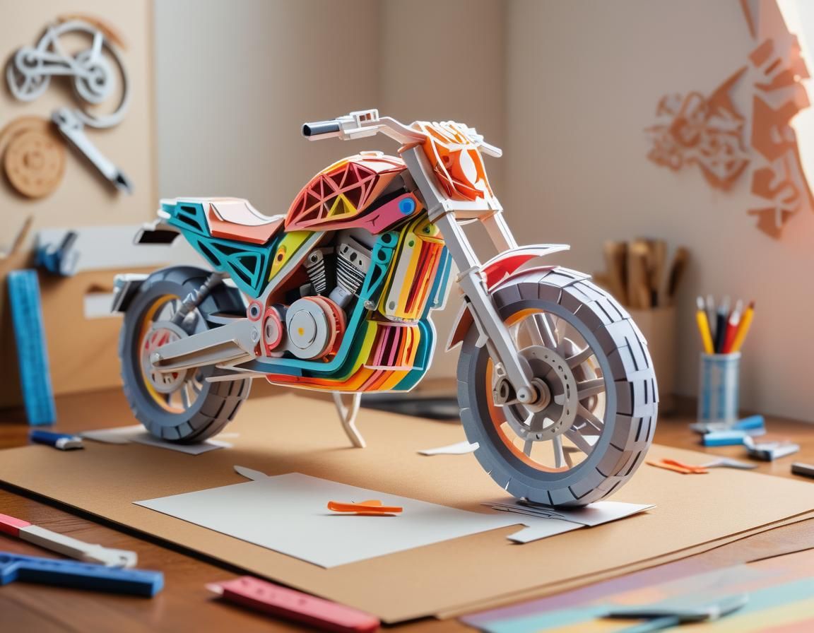 Kirigami Motorcycle Sculpture: Colorful Paper Art