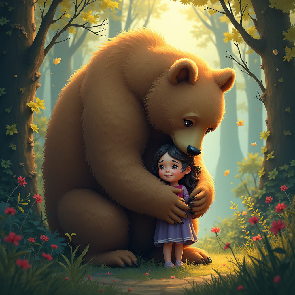 Bear Hugging Girl in Fantasy Forest