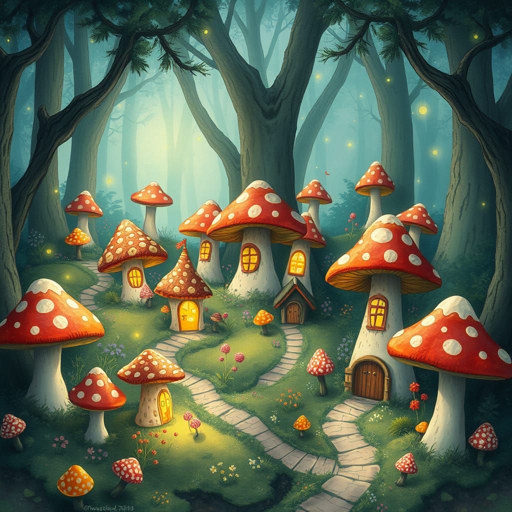 Whimsical Mushroom Village in Enchanted Forest Style
