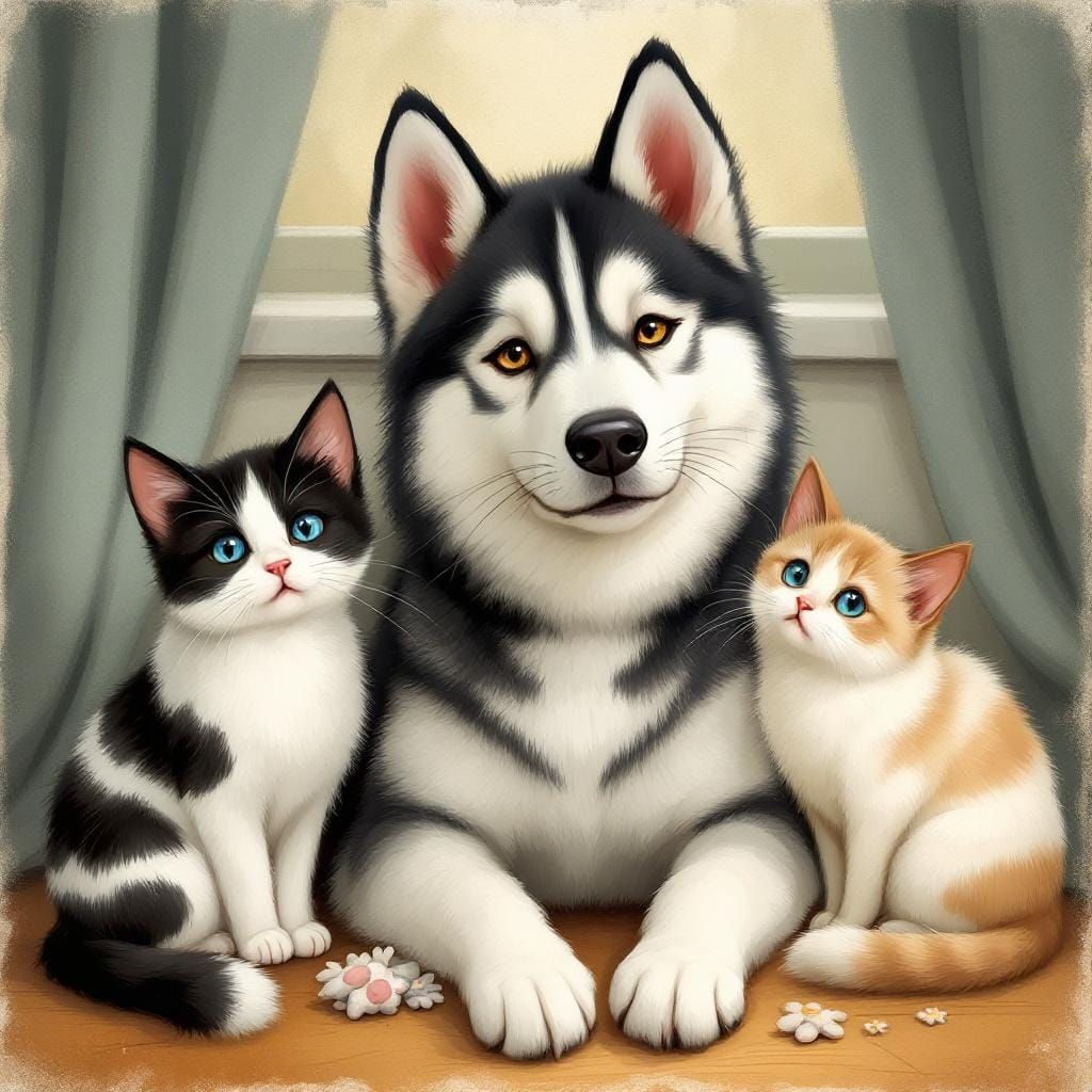 Malamute Surrounded by Cats in Whimsical Style