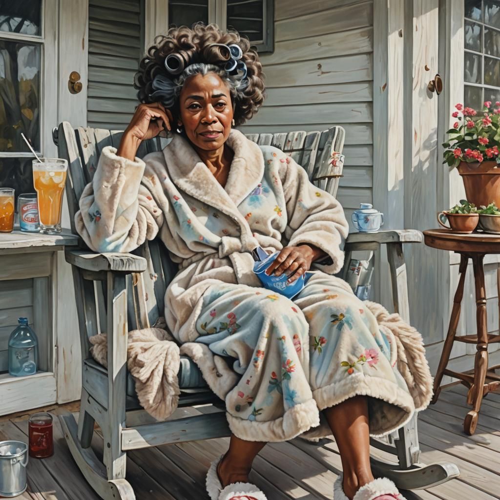 Whimsical Painting of Woman Relaxing on Porch