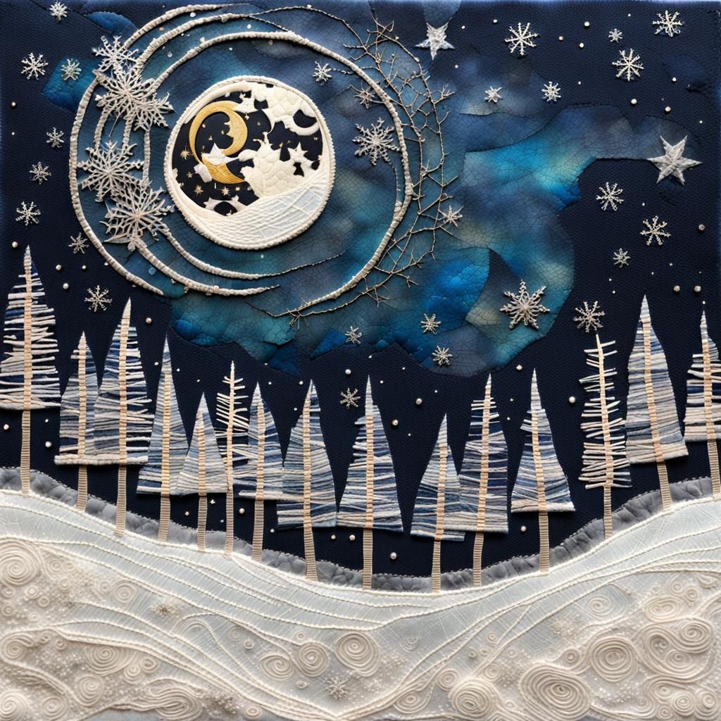 Fabric Collage of January Full Moon Embroidery