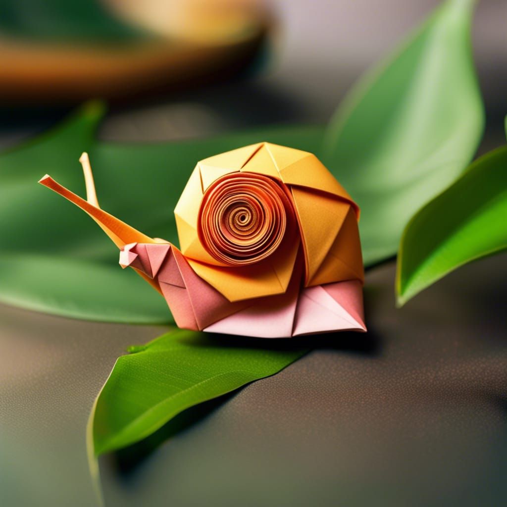 Origami Snail on Leaf in 8K