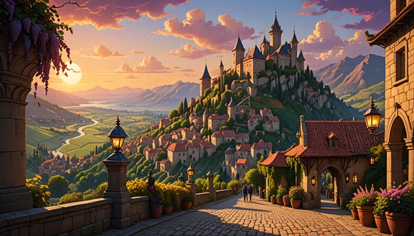 High-Fantasy World at Sunset, Renaissance-Style Digital Pain...