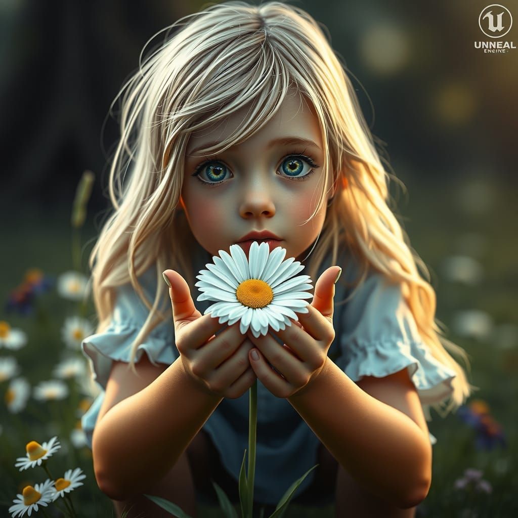 Blonde Girl Holding Daisy: Detailed Fantasy Concept Art