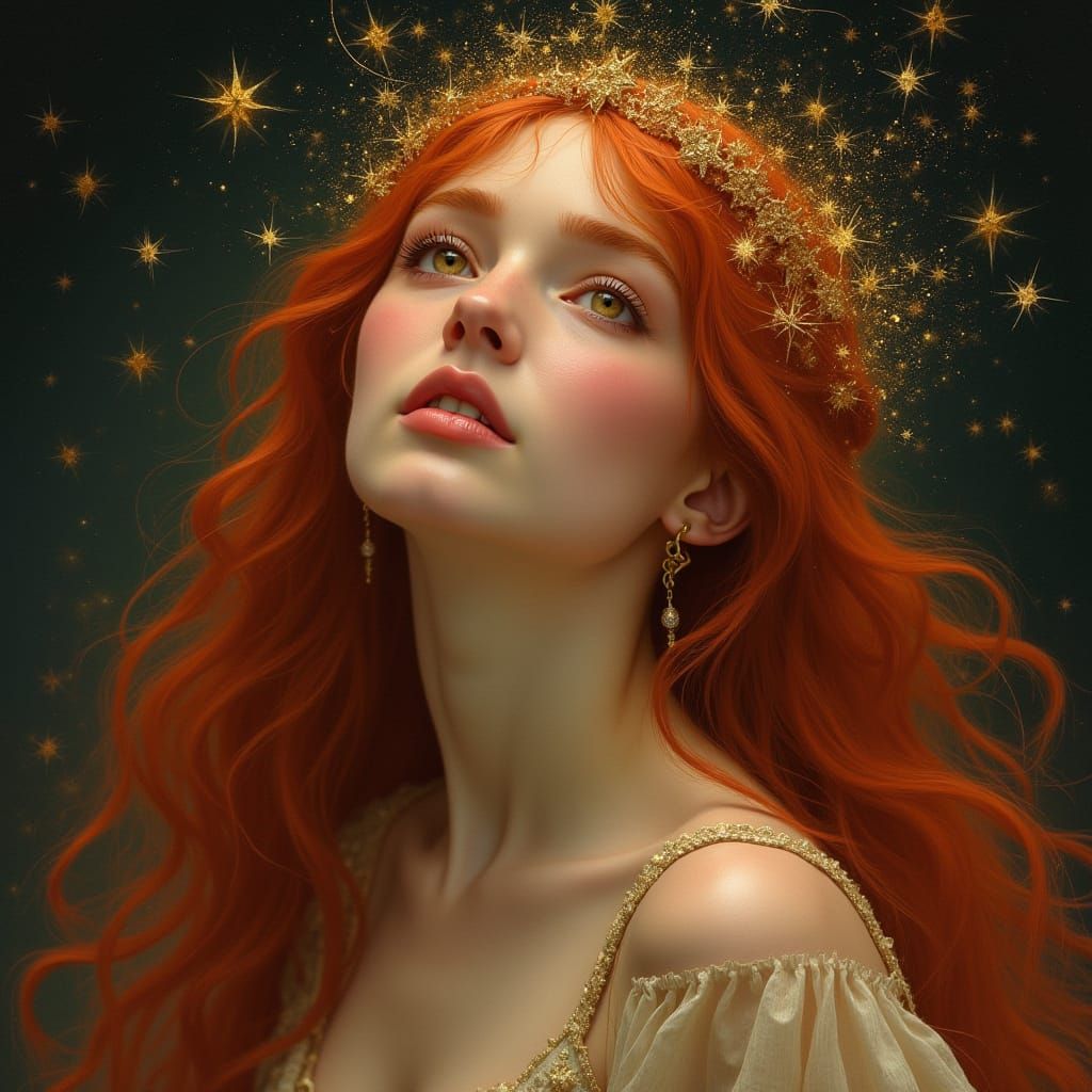 Ethereal Redhead with Crown of Stars in Pre-Raphaelite Style