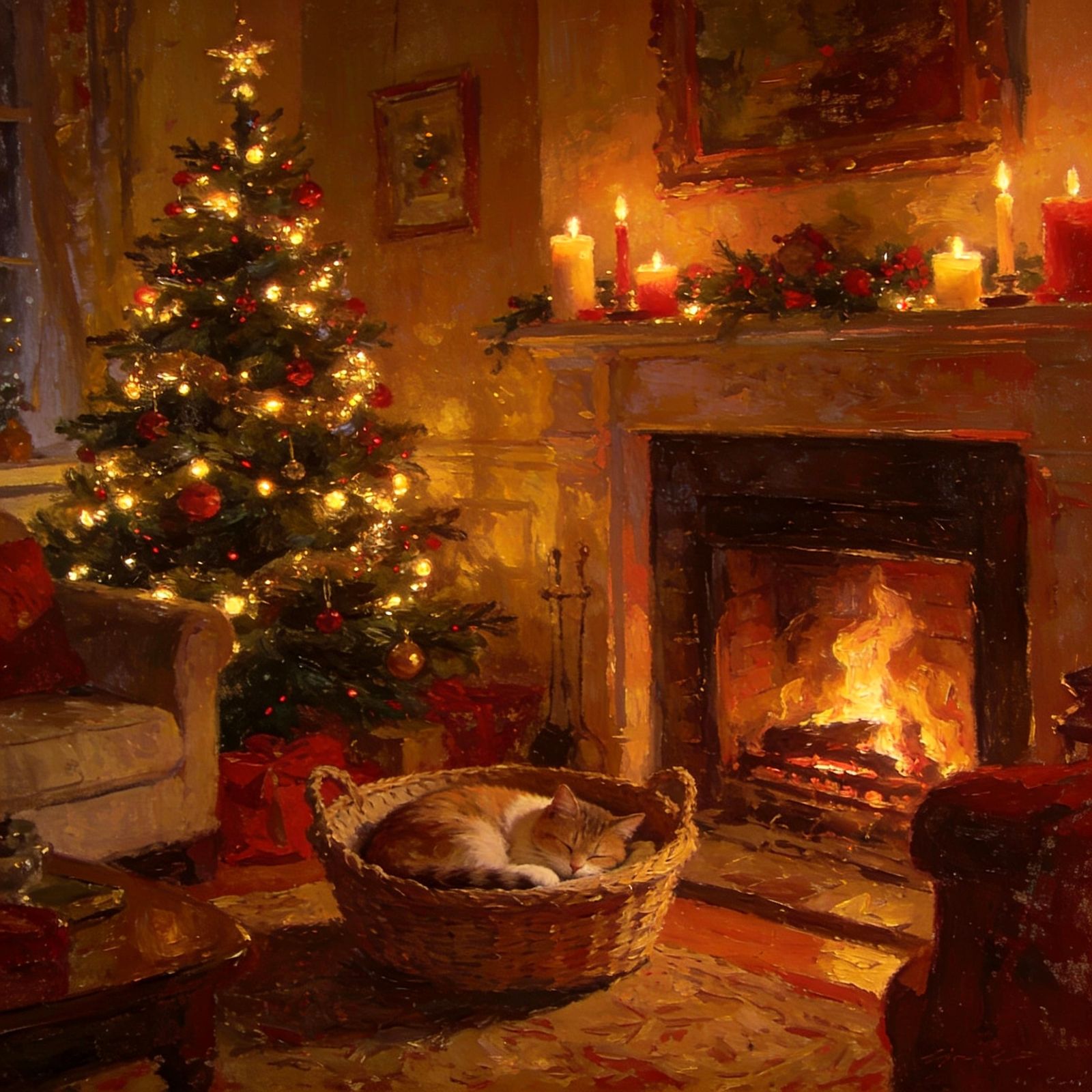 Cozy Christmas Living Room Painting in Impressionist Style