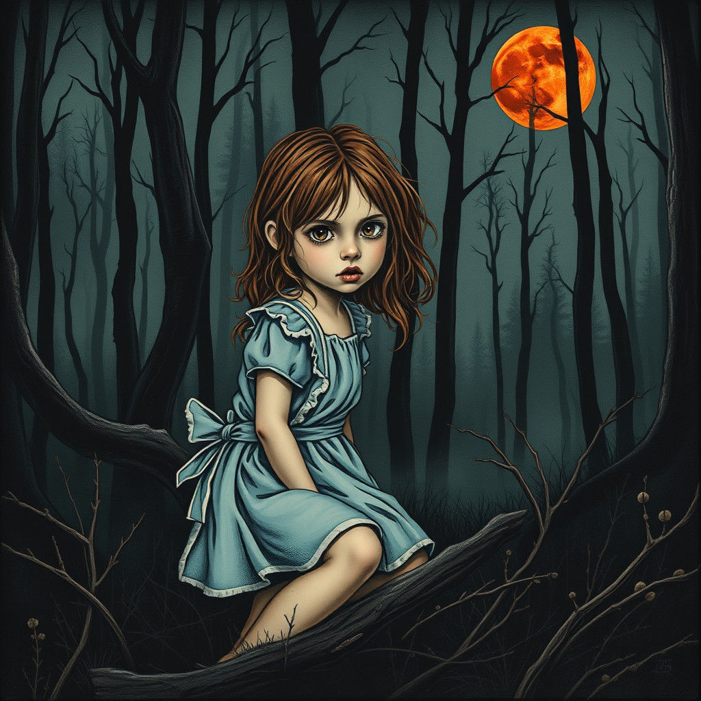 Eerie Blood Moon Illuminates Girl in Dark Forest