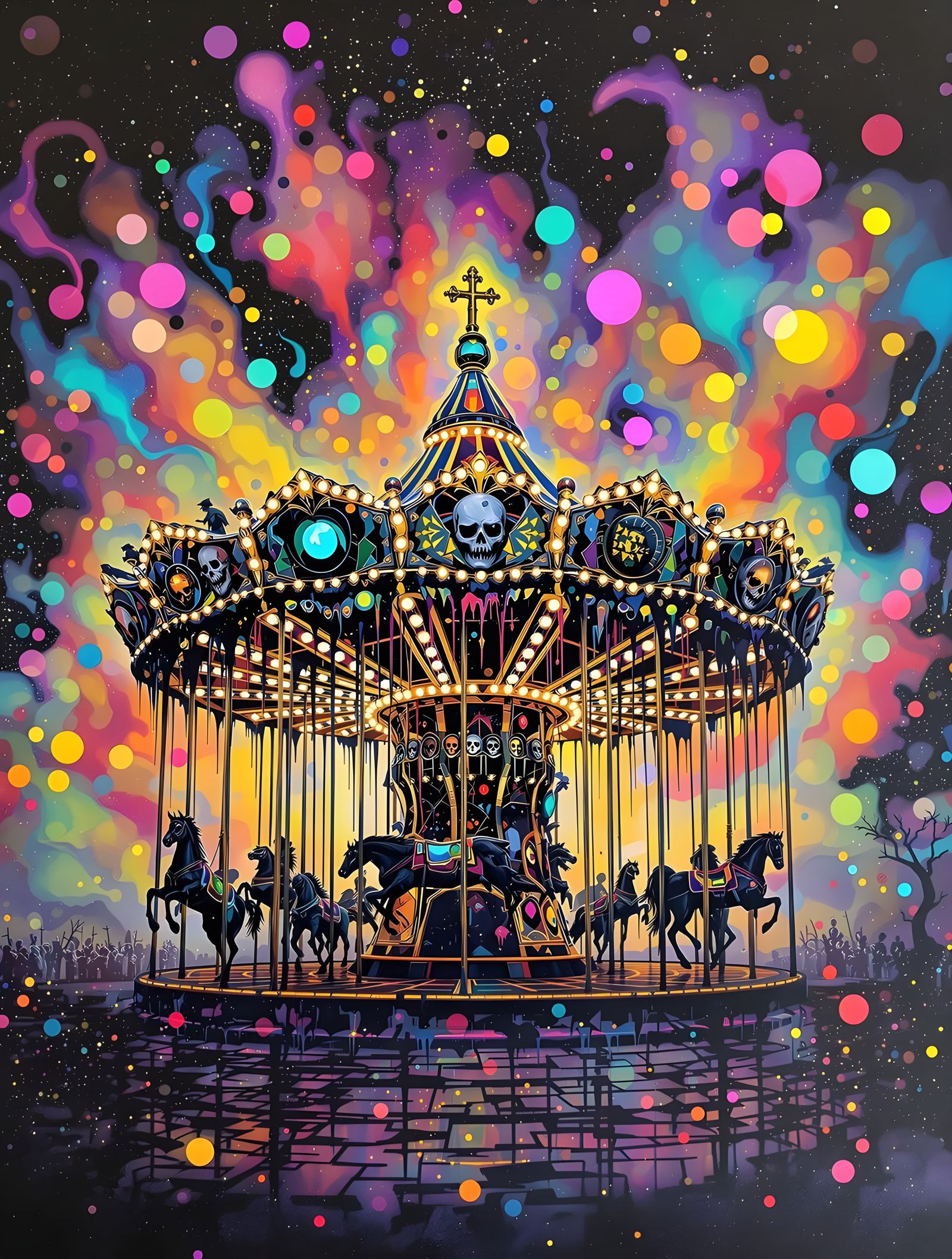 Iridescent Horror Carousel: Gothic Collage Art