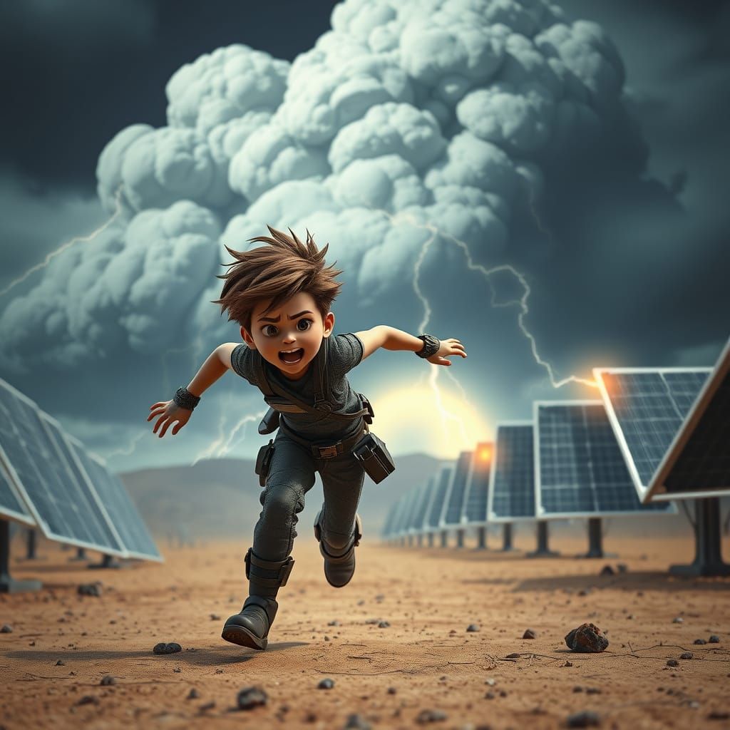 Futuristic Boy Battles the Elements to Protect Solar Panels