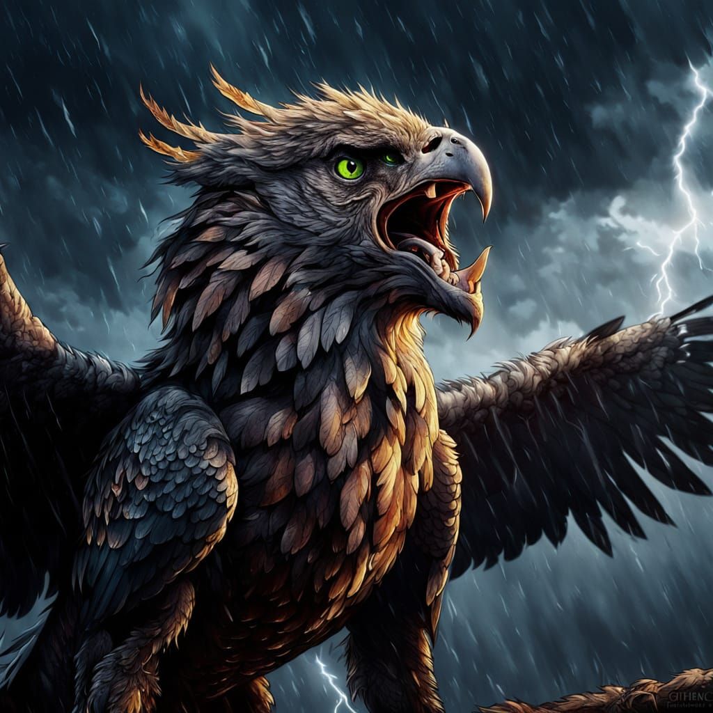 Griffin Roaring at Storm: Fantasy Concept Art