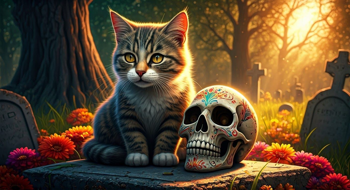 Colorful Cat in Graveyard with Zombie Skull