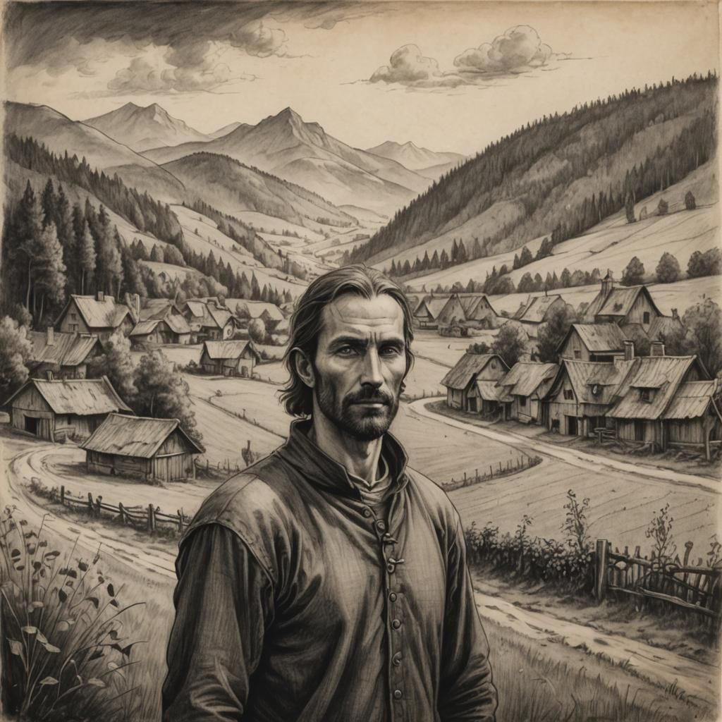 Medieval Village Man: Charcoal Drawing