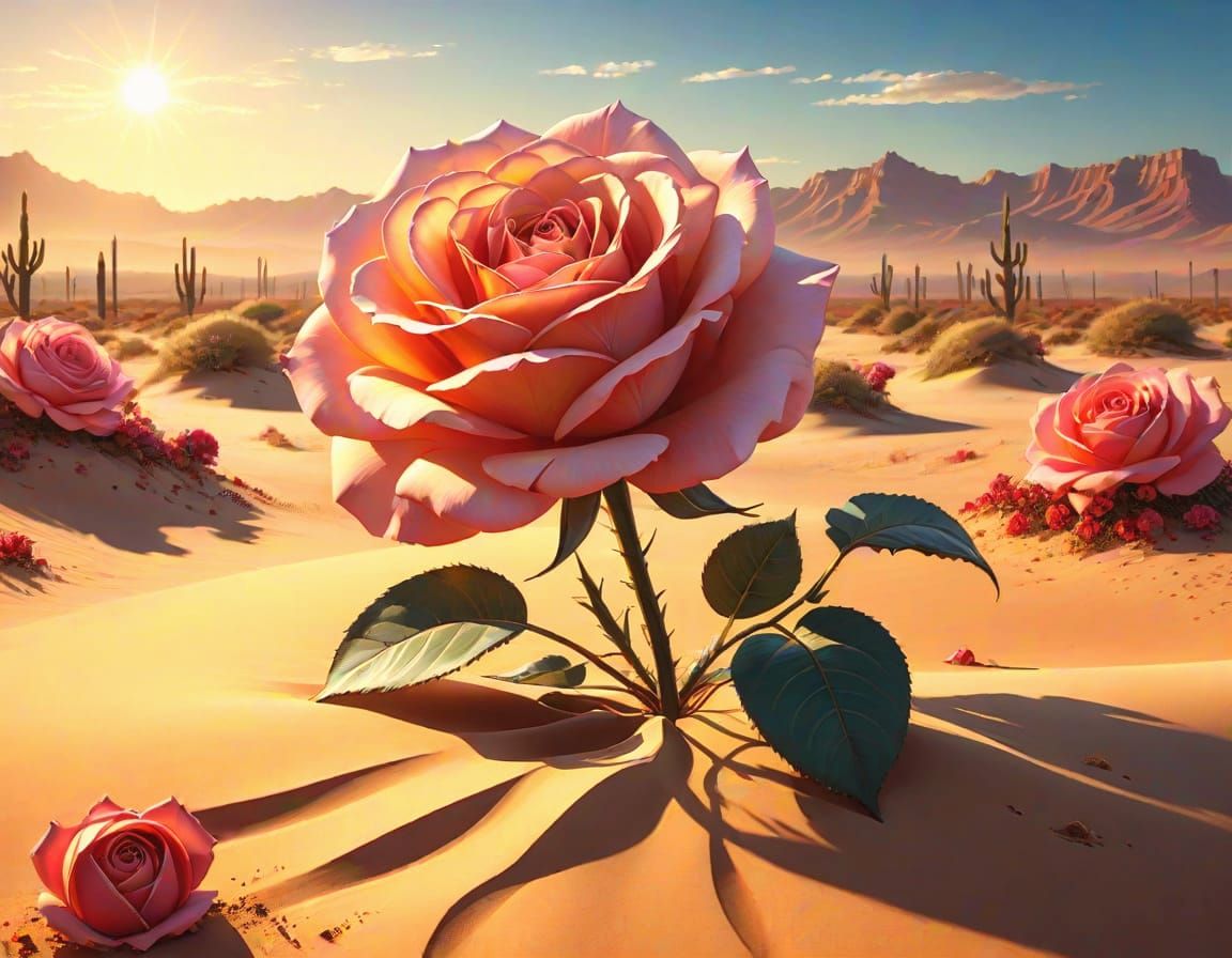 Giant Rose Blooms in Desert, Surreal Oil Painting