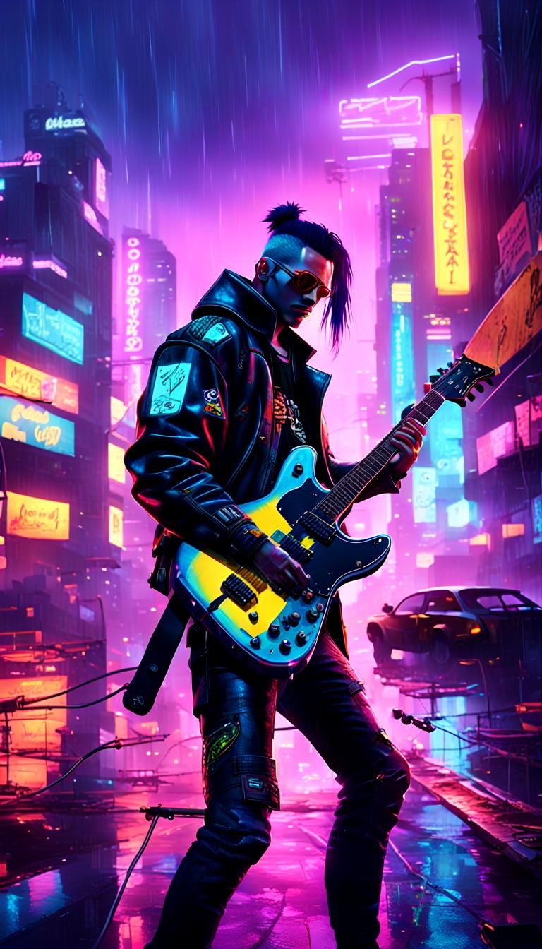 Cyberpunk Guitarist Plays on Rainy Rooftop