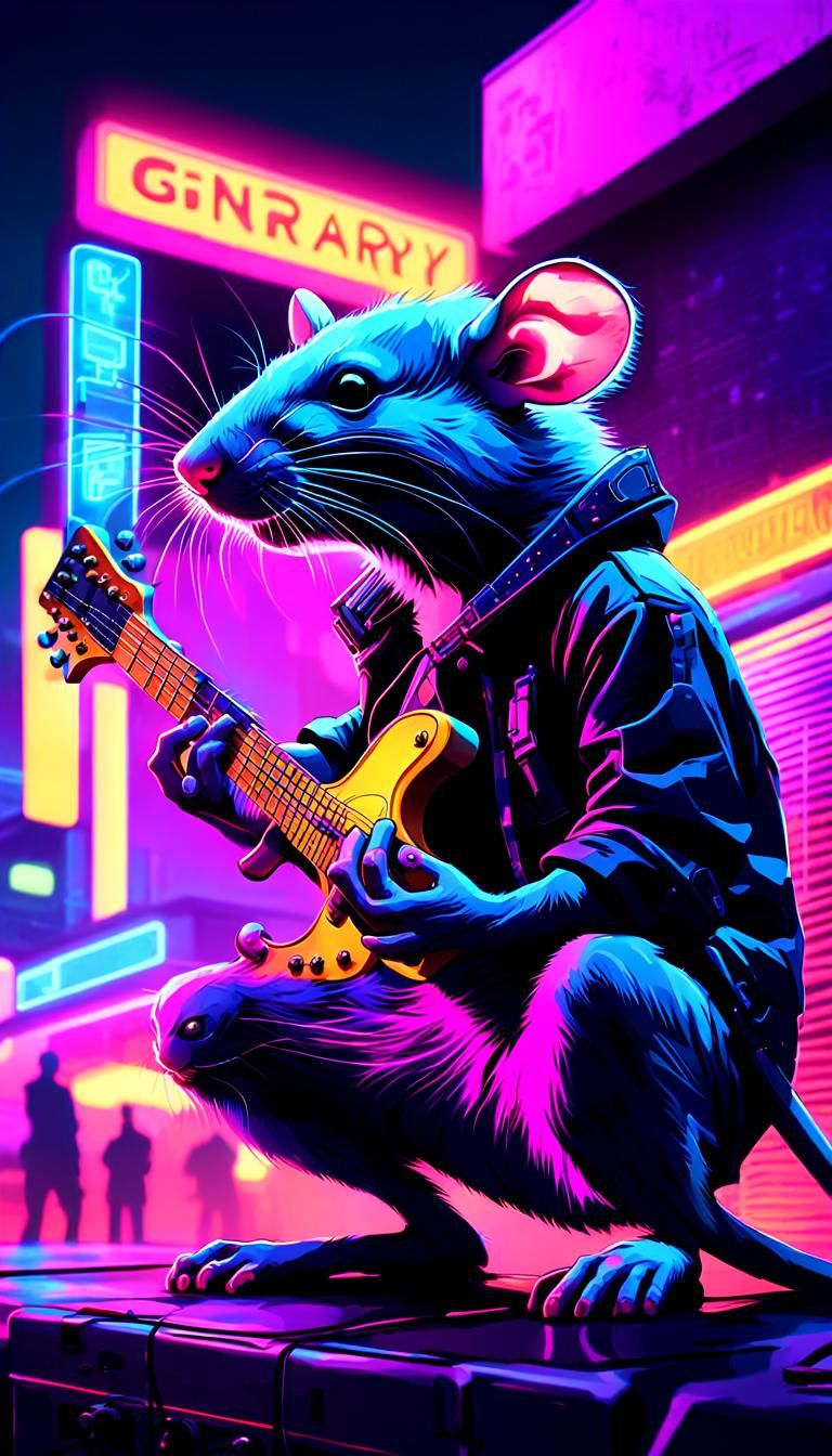 Neon Cyberpunk Rat Plays Electric Guitar