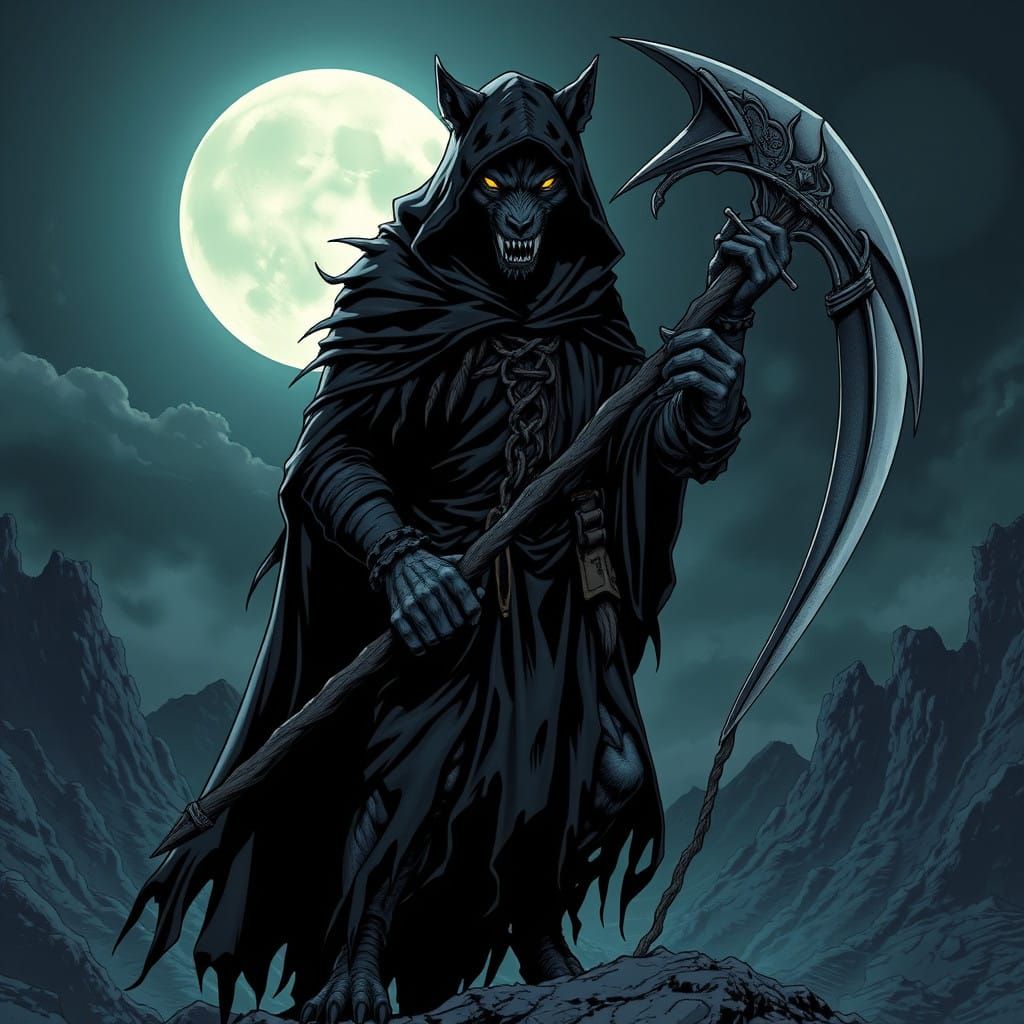 Wolf-Like Grim Reaper in Dark, Ominous Landscape