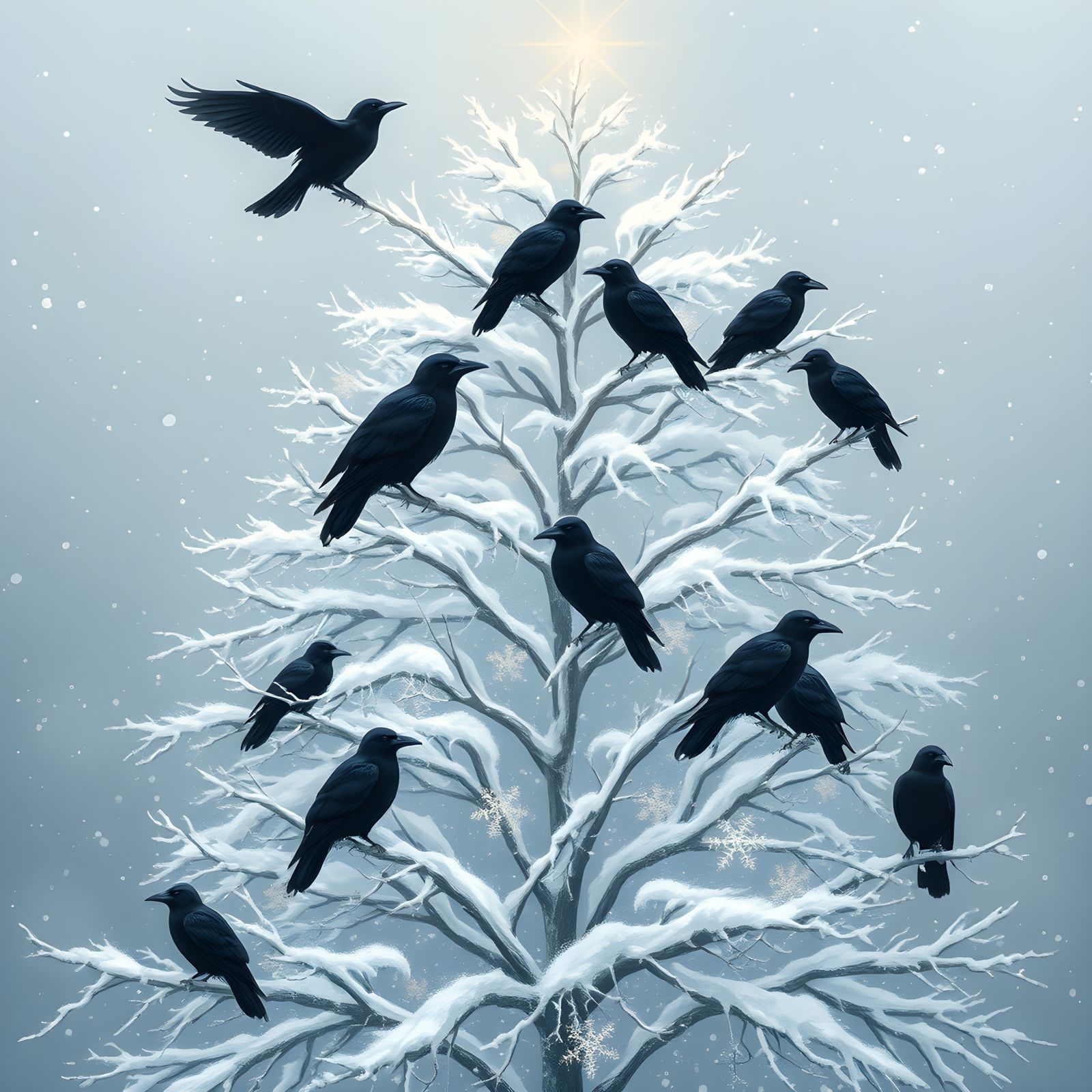 White Christmas Tree with Crow Decorations