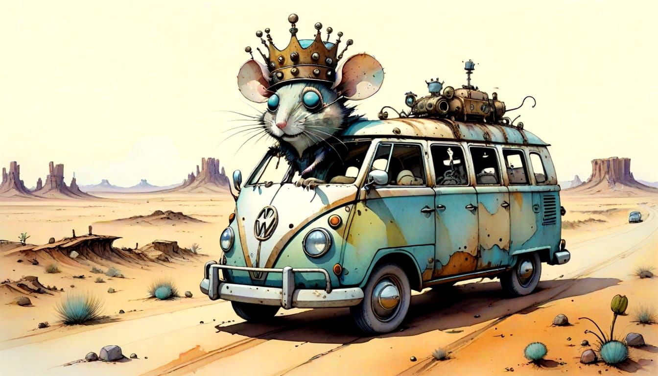 A comically arrogant (aquarelle mouse with Tim Burton eyes) wearing an oversized tarnished crown, riding an awkward batt...