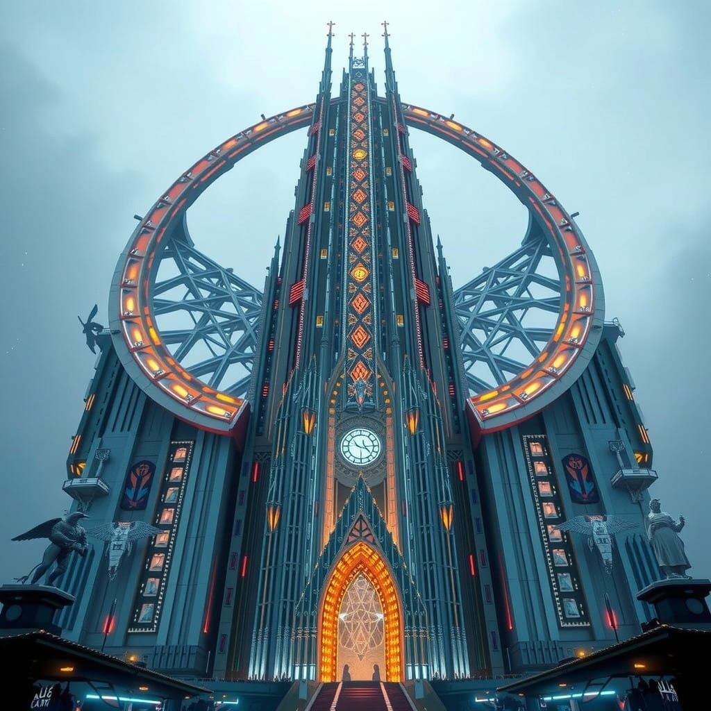 Hyper-Realistic Futuristic Cathedral in Cyberpunk Cityscape,...