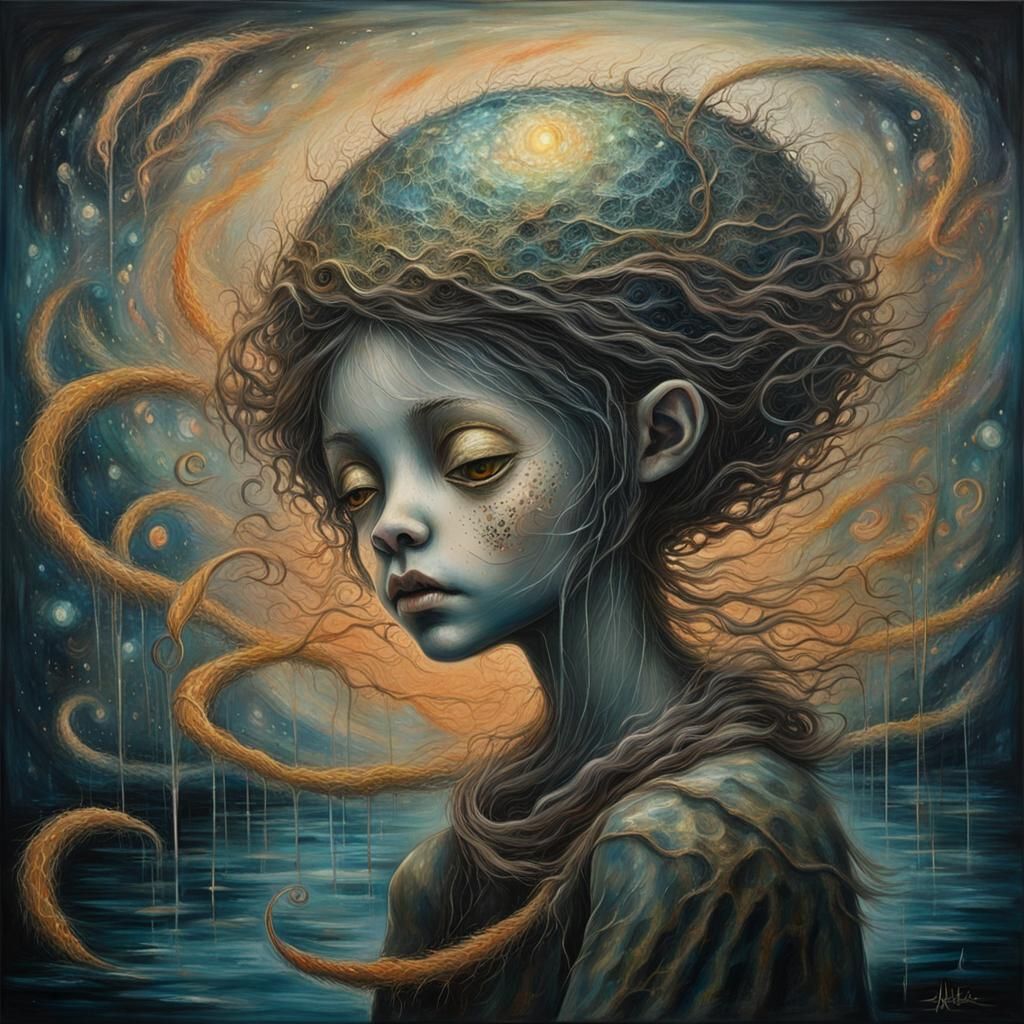 Water Alien Figure in Starry Night Oil Painting