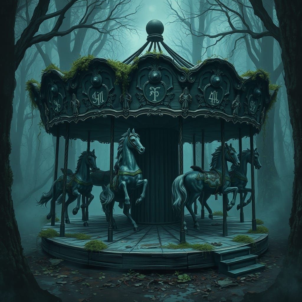Abandoned Carousel in Misty Enchanted Forest