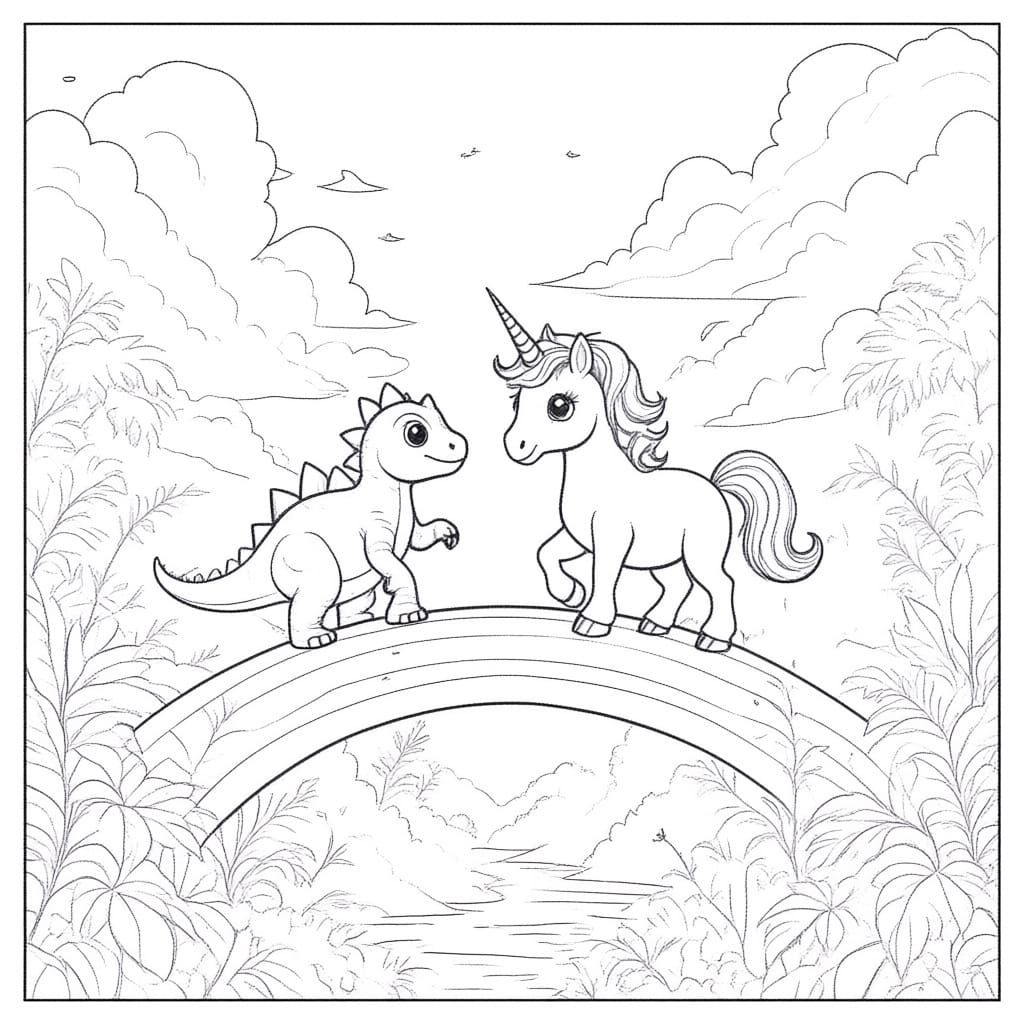 Dino and Unicorn on Rainbow Bridge Coloring Page