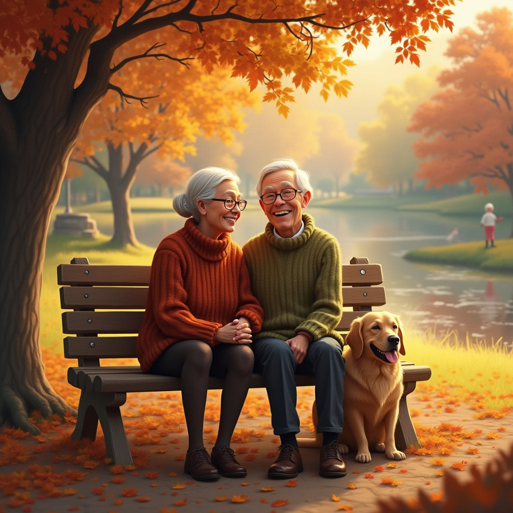 Autumn Park Scene: Elderly Couple in Digital Painting