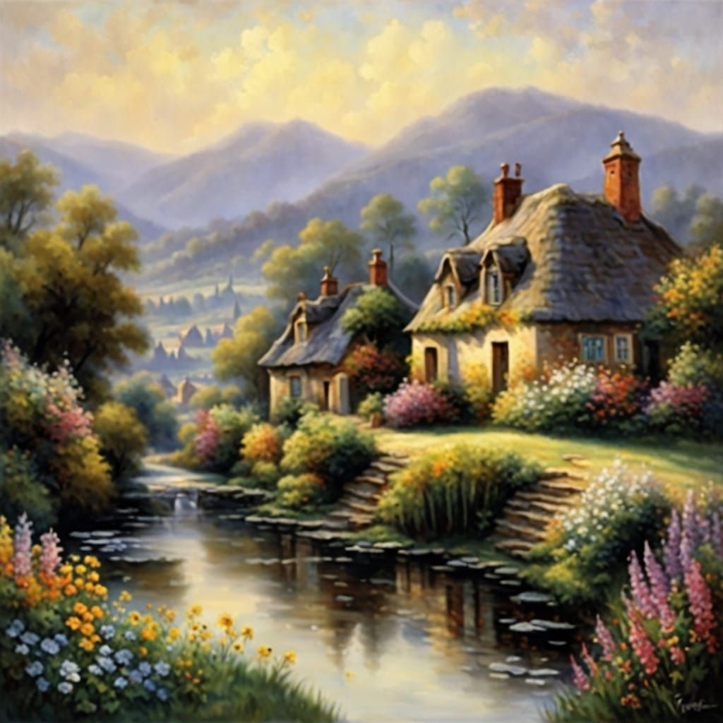 Idyllic Norman Rockwell Village Scene in Impressionist Style