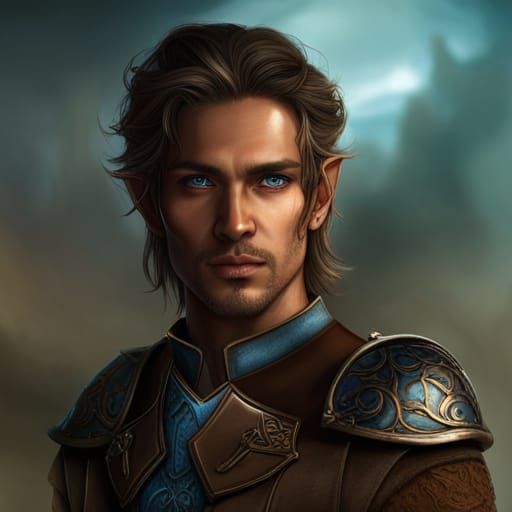 male half-elf, dark tan skin, brown rustic clothing, average length hair, blue eyes, 28 years old, elf ears