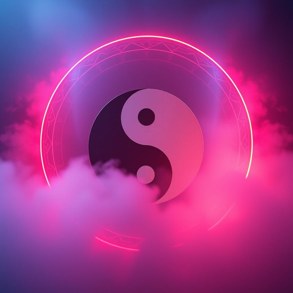 Yin and Yang in Vaporwave Style with Prismatic Reflections