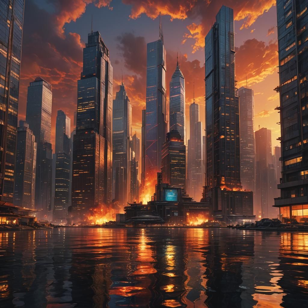 Sci-Fi Cityscape at Sunset in Matte Painting Style