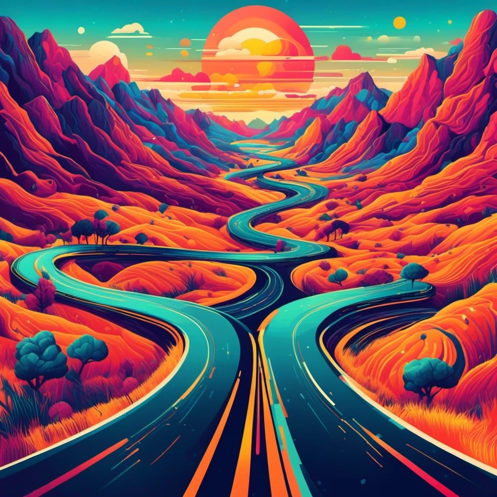 Winding Road to Sunset in Pop Art Style