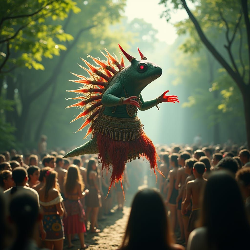 Mystical Axolotl Figure Floats in Forest, Cinematic Still
