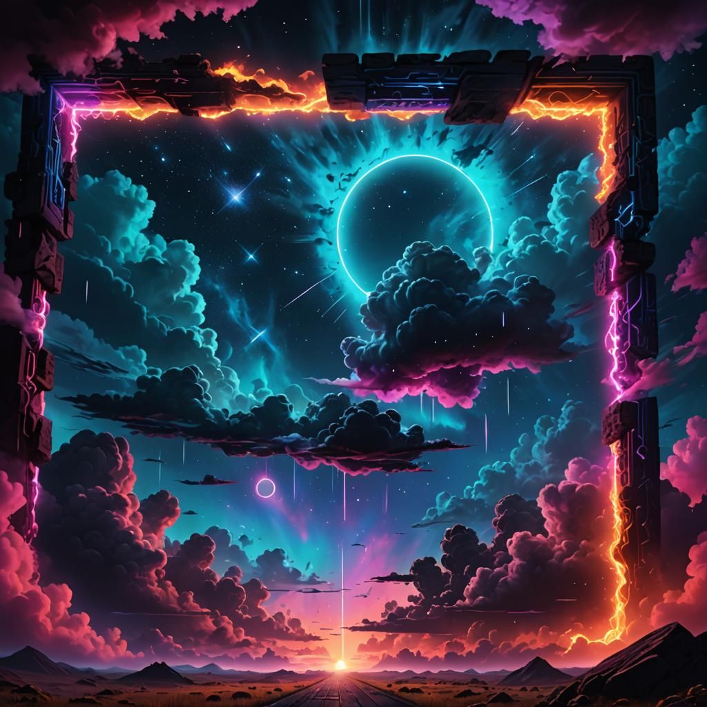 Neon Portal to Infinity with Cosmic Clouds