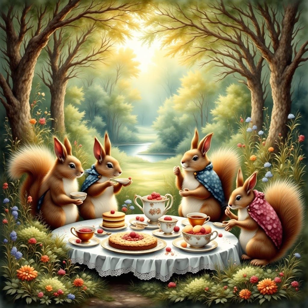 Woodland Creatures Tea Party in Antique Watercolor Style