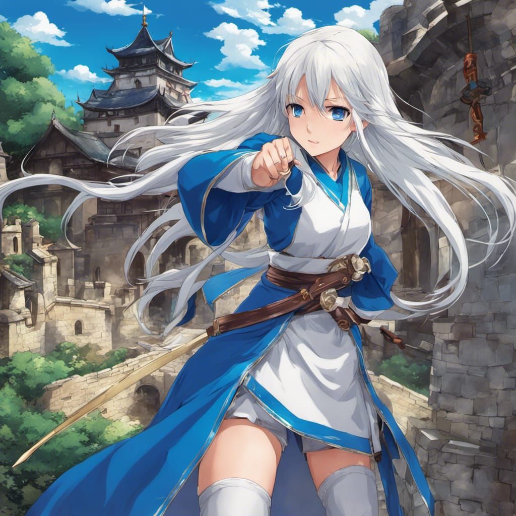 Anime Girl Ready to Fight on Castle Yard