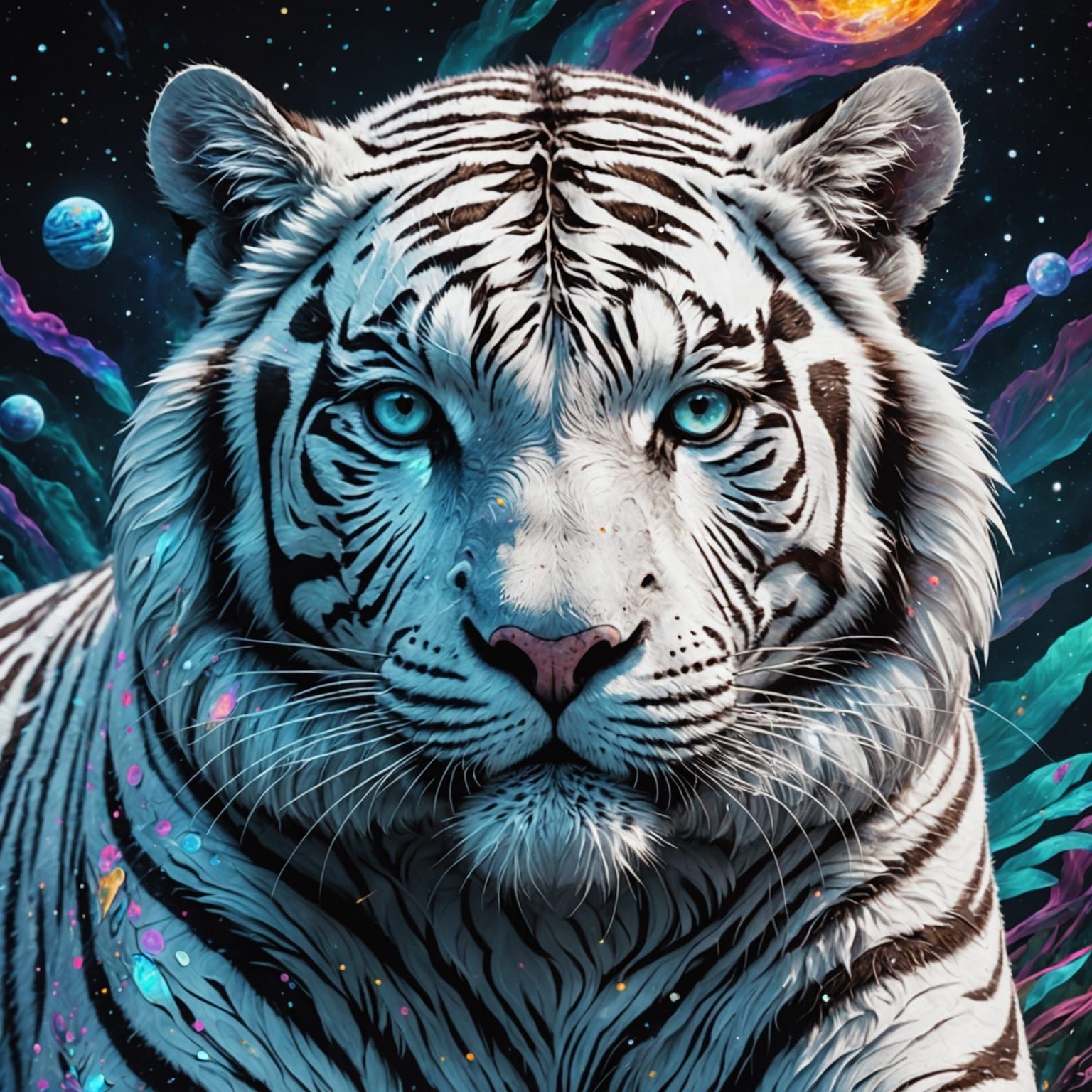 Holographic White Tiger in Cosmic Astral Illustration