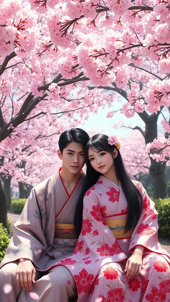 Japanese Couple Under Cherry Blossom Tree in Traditional Kim...