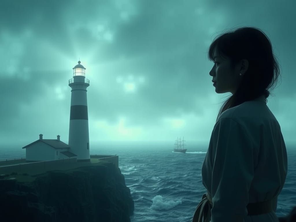Solitary Lighthouse Keeper in Stormy Seas
