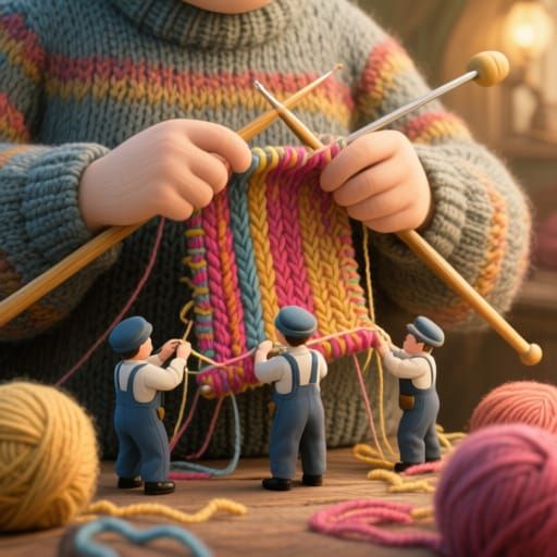 Giant Sweater Knitted by Tiny Workers: Whimsical Illustratio...