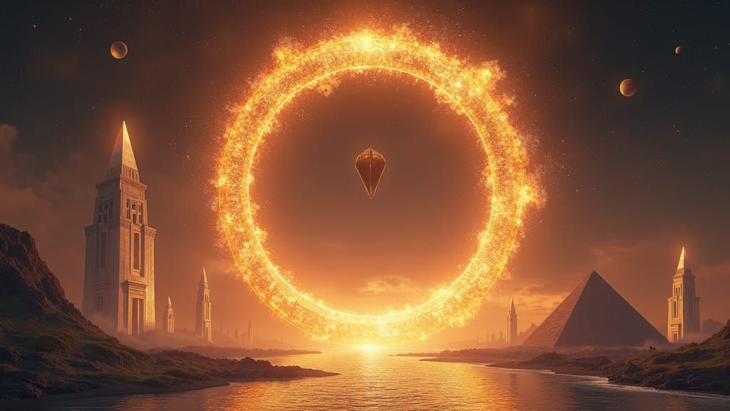 Golden Ring with Mothership and Atlantis Cityscape