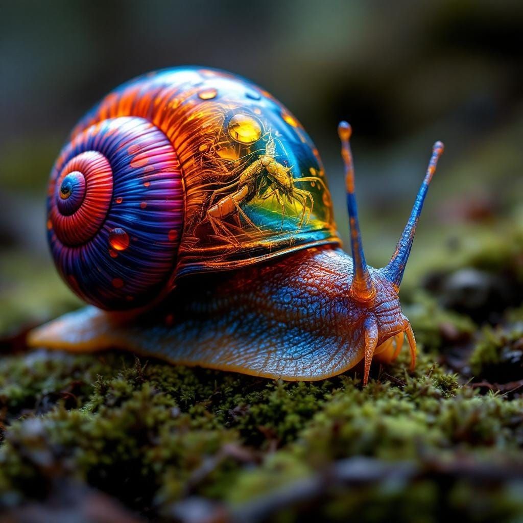 Snail with Mantis Shrimp Shell on Forest Floor