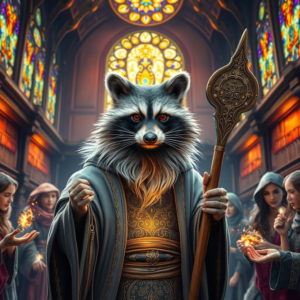 Ethereal Raccoon Mage in Silver Robes Embroidered with Golde...