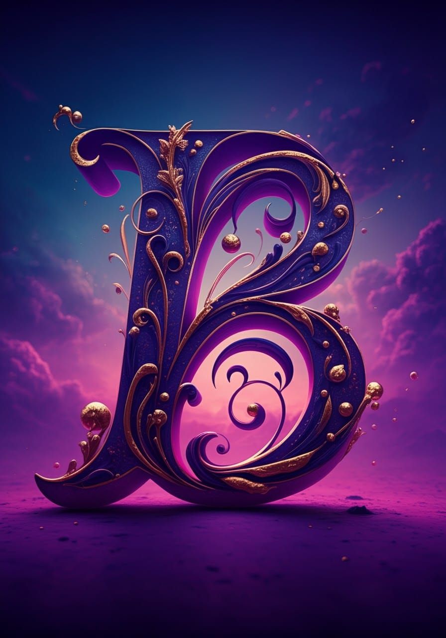 Elegant Letter B in Purple Ink, Hyperrealistic Splash Art
