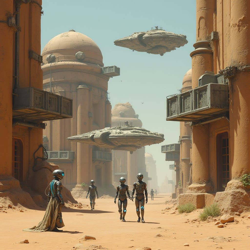 Battered Starships Amidst Futuristic Sandstone Architecture