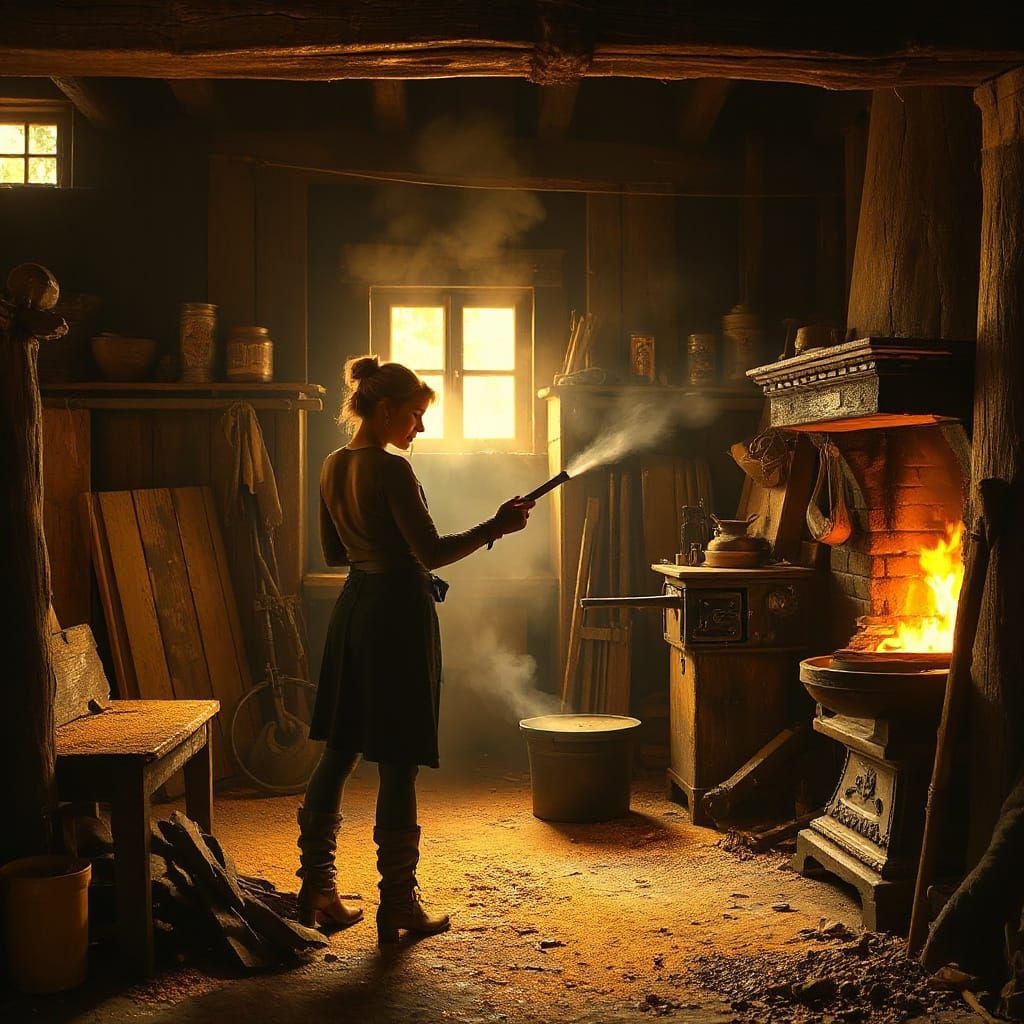 Ethereal Blacksmith in Barn, Kinkade Style
