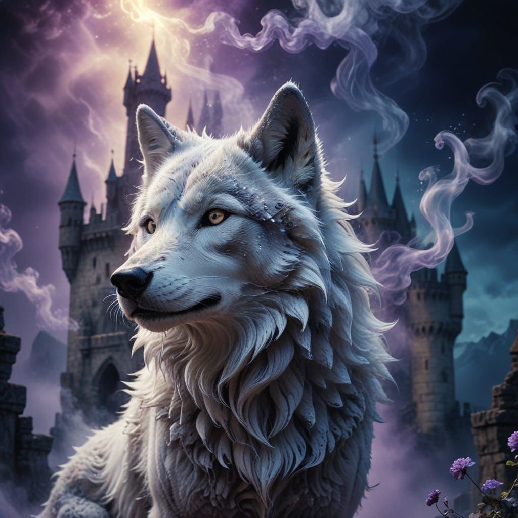 Surreal Wolf Portrait in Smoke Castle