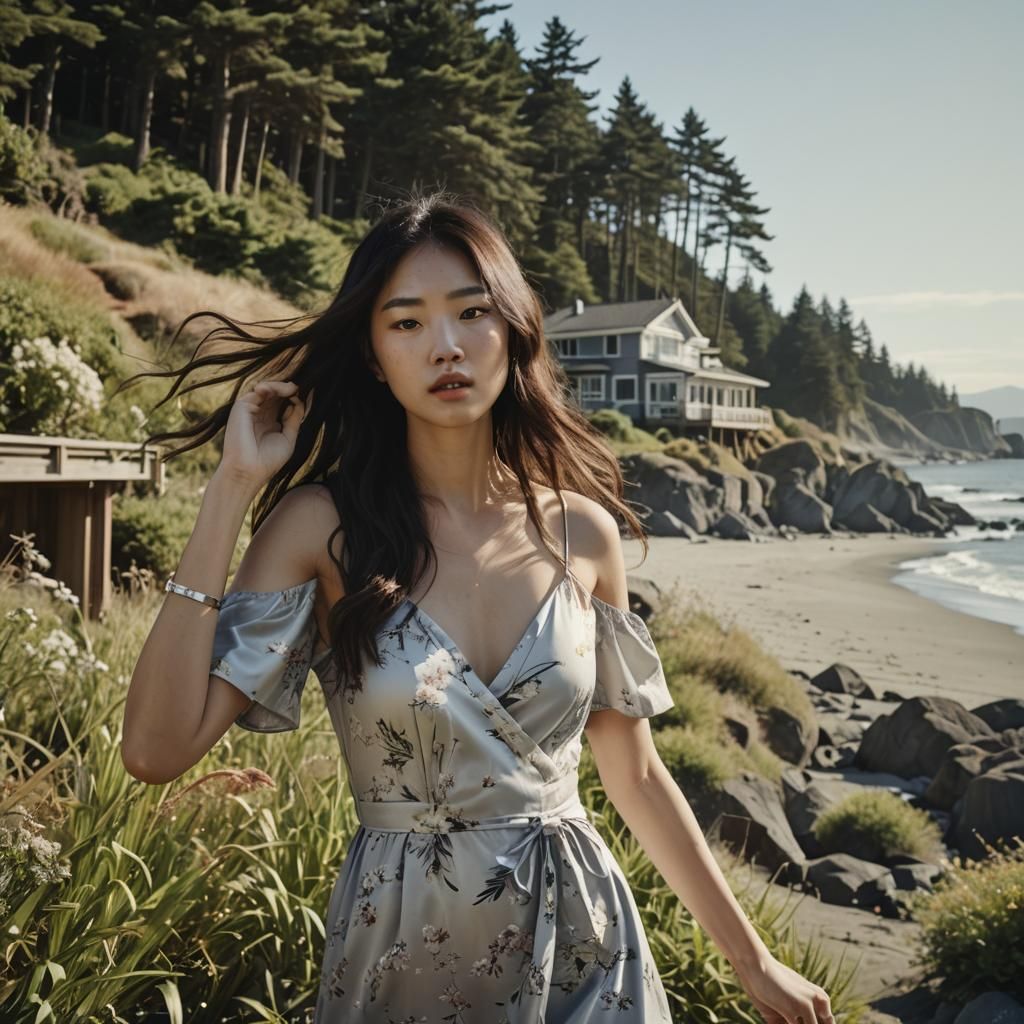 Korean Woman at Beach House: Cinematic Film Still